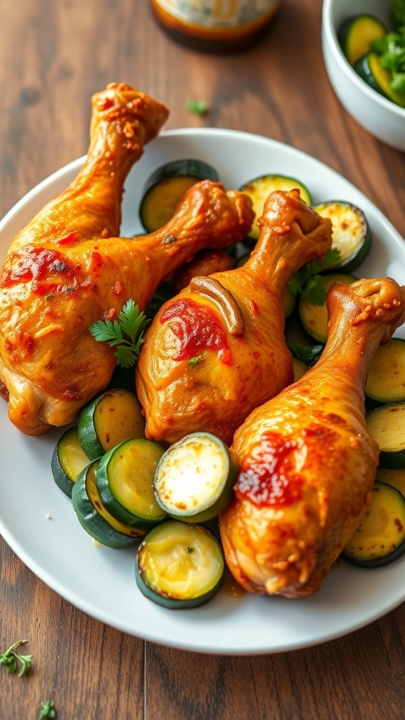 Oven-baked chicken drumsticks with zucchini on a plate, garnished with parsley.